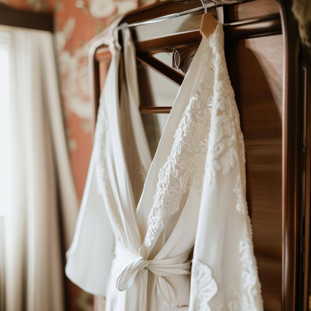 Brides robe hanging up before she gets ready